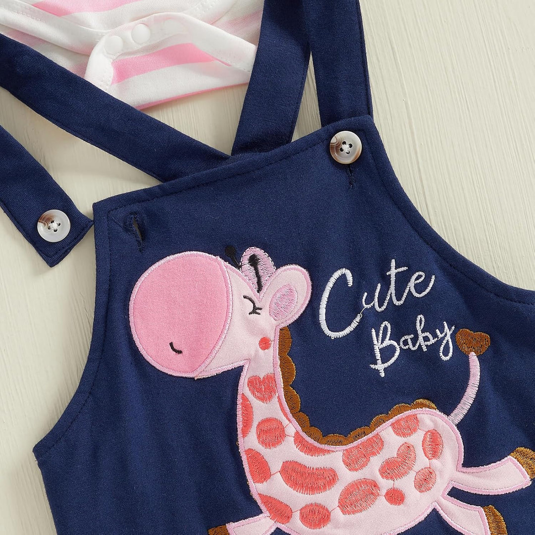 Beauace 3tlg Baby Mädchen Kleidung Langarm Gestreiftes Strampler + Latzhose mit Giraffenmuster + Bab