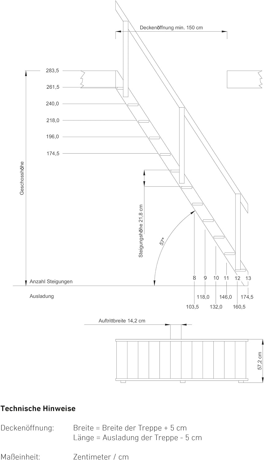 Raumspartreppe aus unbehandelter Fichte. Für Geschosshöhen bis 283,5 cm. Ausführung: Gerade inkl. Ge