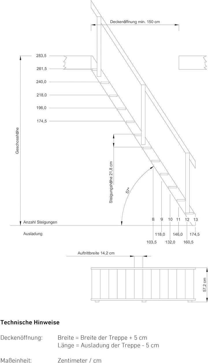 Raumspartreppe aus unbehandelter Fichte. Für Geschosshöhen bis 283,5 cm. Ausführung: Gerade inkl. Ge