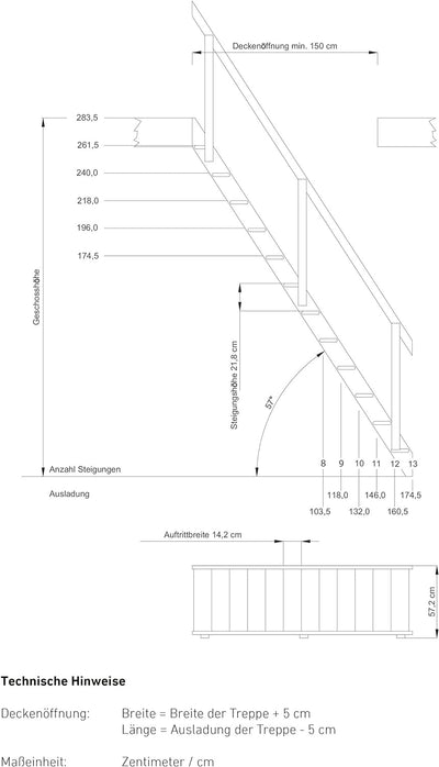 Raumspartreppe aus unbehandelter Fichte. Für Geschosshöhen bis 283,5 cm. Ausführung: Gerade inkl. Ge