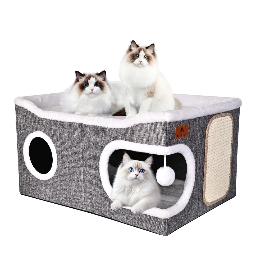 Extra Grosse Katzenhaus Indoor, 2-stöckige Kuschelhöhle mit Kratzbrett und Spielball, Katzenhöhle fü