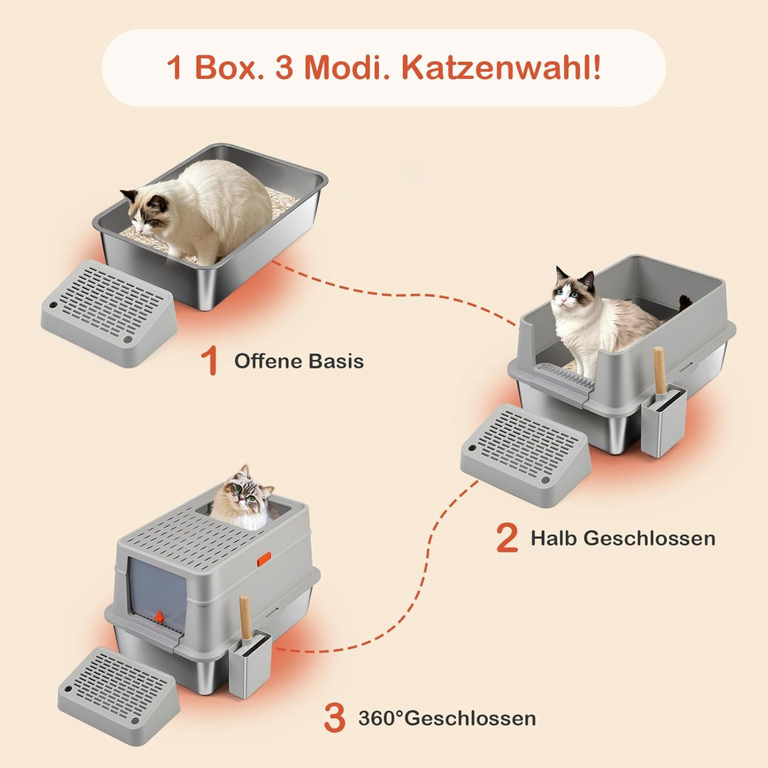 Shikha Edelstahl Katzenklo mit Deckel, 60.5L*40.5B*38H cm XXL Katzenklo Edelstahl Geschlossen, Gross