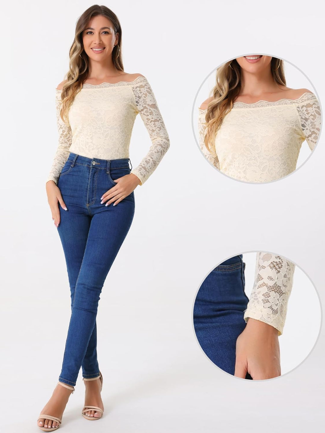 Allegra K Damen Off Shoulder Spitzenbluse Langarm Schulterfrei Oberteil Blumen Transparent Carmenblu