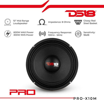 DS18 Car Midrange Speaker 10" Inch 600w Watt 8Ohm Bass Loudspeaker PRO-X10M Klassisch 8 Ohm 25,4 cm,