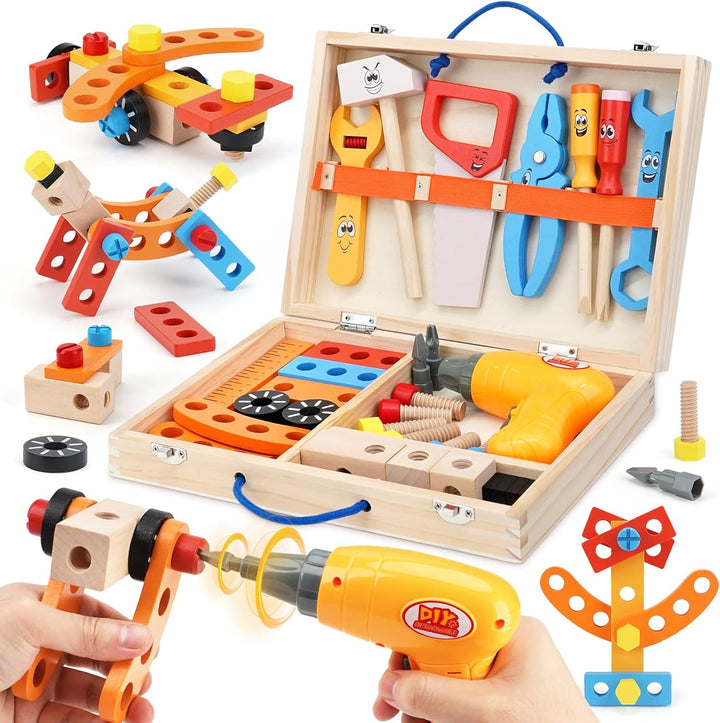 Werkzeugkoffer Kinder Montessori Spielzeug ab 3 Jahre Holzspielzeug mit Akkuschrauber Spielzeug ab 3