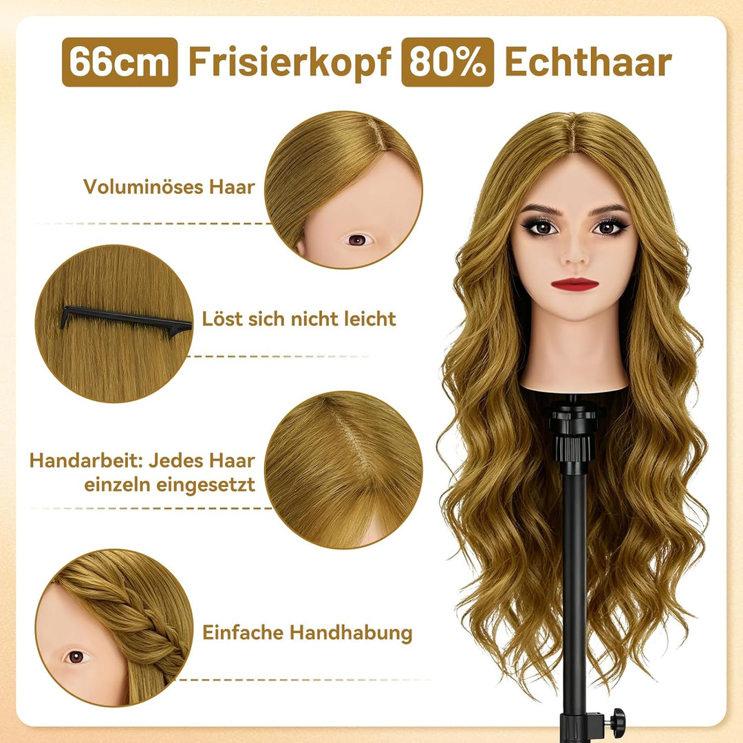 TwoWin Friseurkopf mit Haaren, 26 Zoll (66 cm) 80% Echthaar Mannequin Kopf, Make-up Übungskopf Haar