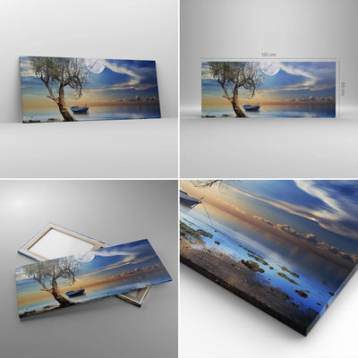 Wandbilder Dekoration Wohnzimmer Nacht Mond Boot Panorama Bilder auf Leinwand 120x50cm Leinwandbild