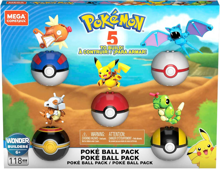 MEGA CONSTRUX Pokémon Exklusives Pokéball-Set - 5 Figuren, unterschiedliche Pokébälle, kombinierbar,
