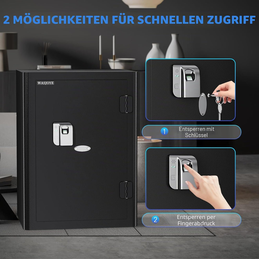 WASJOYE Fingerabdruck Tresor Feuerfester für Zuhause, Safe mit Feuerfeste Schublade, Biometrischer M