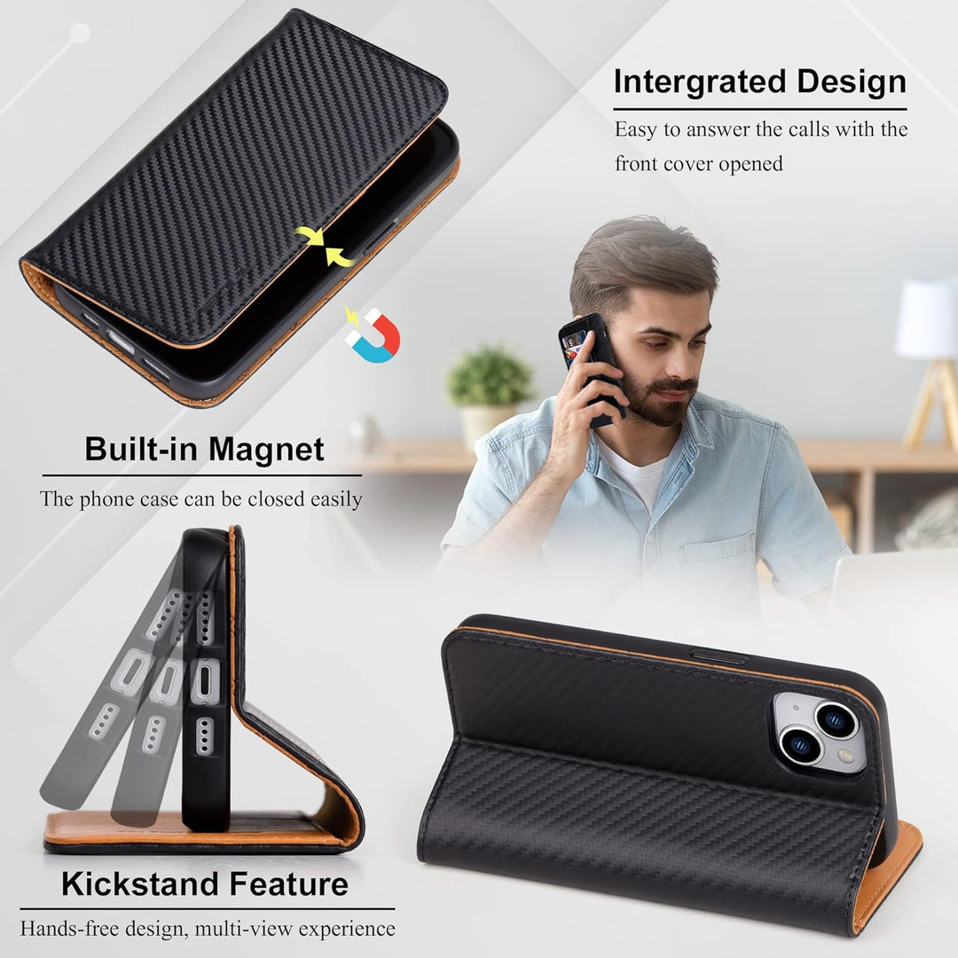 VISOUL iPhone 14 Plus Hülle, Handyhülle [100% Carbon Leder] [RFID Schutz] [Schützt vor Stoss] [Stand