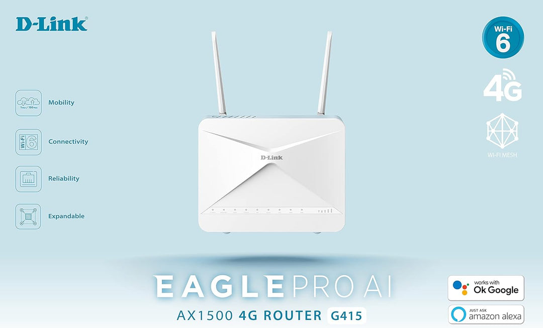 D-Link G415 Eagle PRO AI AX1500 4G Smart Router (4G LTE Cat 4 Download bis zu 150 Mbps, Wi-Fi 6, AI