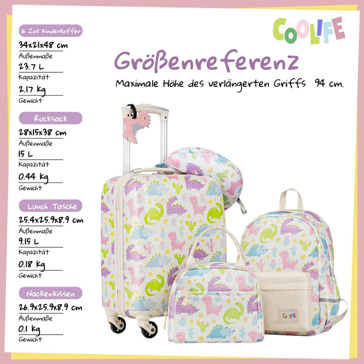 COOLIFE 5tlg Kinderkoffer mit Rucksack, Kindertrolley aus Kunststoff, Kindergepäck, Kinder Kofferset