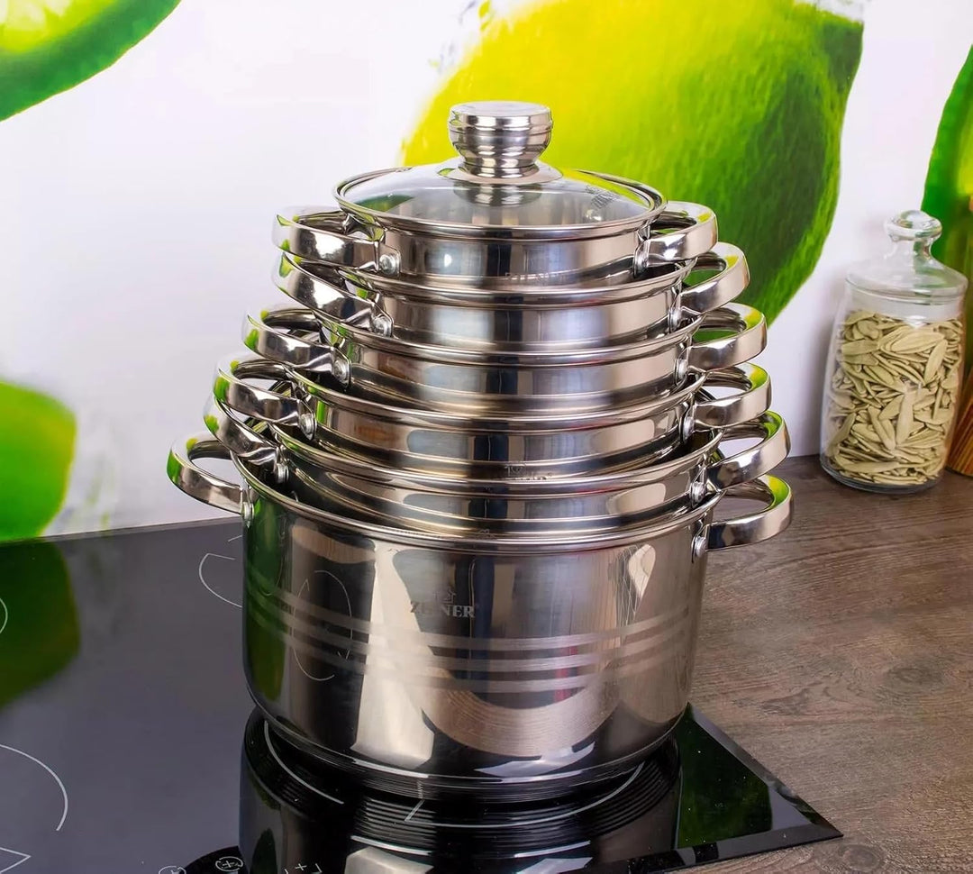 Zilner Topfset - Kochtopf Set 12-teilig - Edelstahl - mit Glasdeckeln - für alle Herdarten - Silber