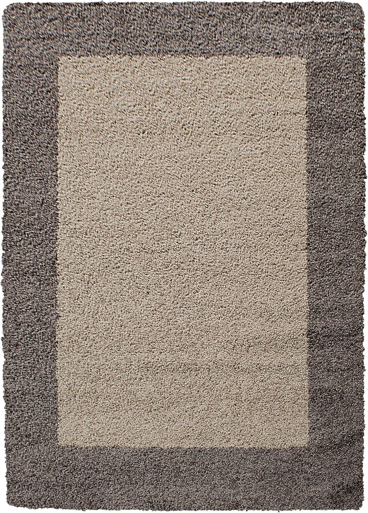 HomebyHome Teppich Wohnzinmer Shaggy Hochflor Taupe Läufer 100x200 cm Bordüre Design - Flauschiger T