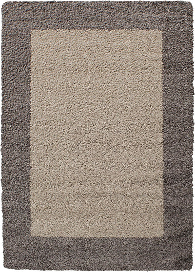 HomebyHome Teppich Wohnzinmer Shaggy Hochflor Taupe Läufer 100x200 cm Bordüre Design - Flauschiger T