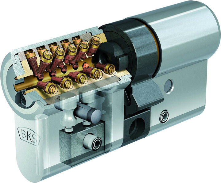 BKS Janus 46 ink. Sicherungskarte und 5 Schlüssel - 40 / 40 messing vernickelt mit Not und Gefahrenf