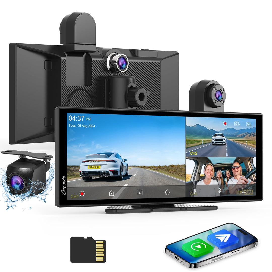 Carpuride W125S Carplay Bildschirm mit 3 Kanal Dash Cam, 4K Front & 1080P Rückkamera, 1080P Infrarot