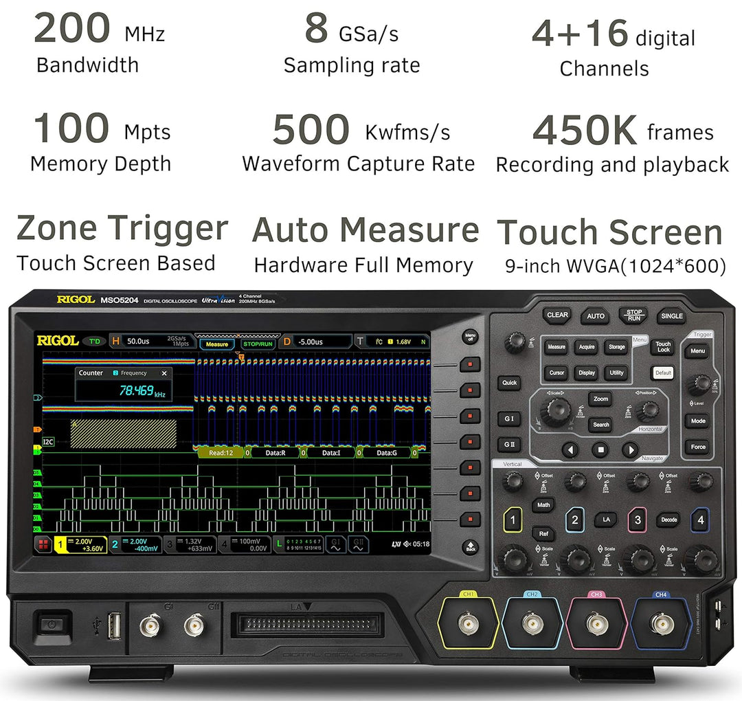 RIGOL MSO5204 Digitaloszilloskop, 4 Kanäle, 200MHz, 8Gsa/s, 100Mpts, 500000wfms/s, MSO5000-BND inklu