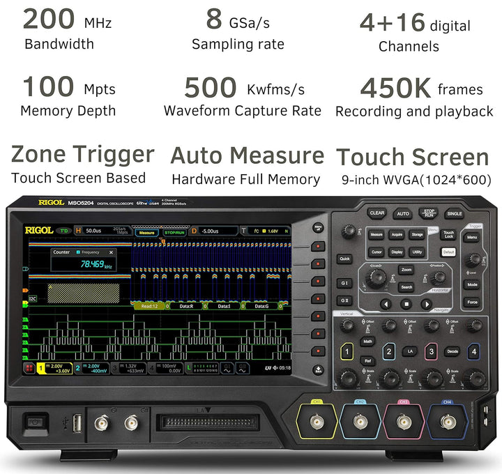 RIGOL MSO5204 Digitaloszilloskop, 4 Kanäle, 200MHz, 8Gsa/s, 100Mpts, 500000wfms/s, MSO5000-BND inklu