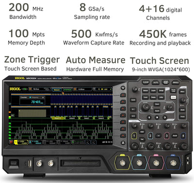 RIGOL MSO5204 Digitaloszilloskop, 4 Kanäle, 200MHz, 8Gsa/s, 100Mpts, 500000wfms/s, MSO5000-BND inklu