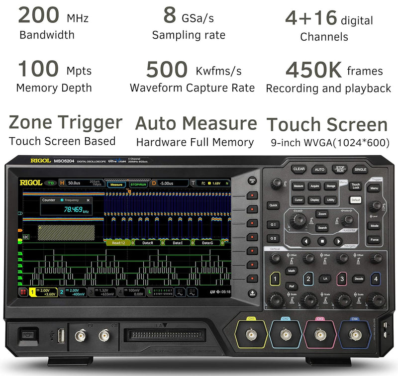 RIGOL MSO5204 Digitaloszilloskop, 4 Kanäle, 200MHz, 8Gsa/s, 100Mpts, 500000wfms/s, MSO5000-BND inklu