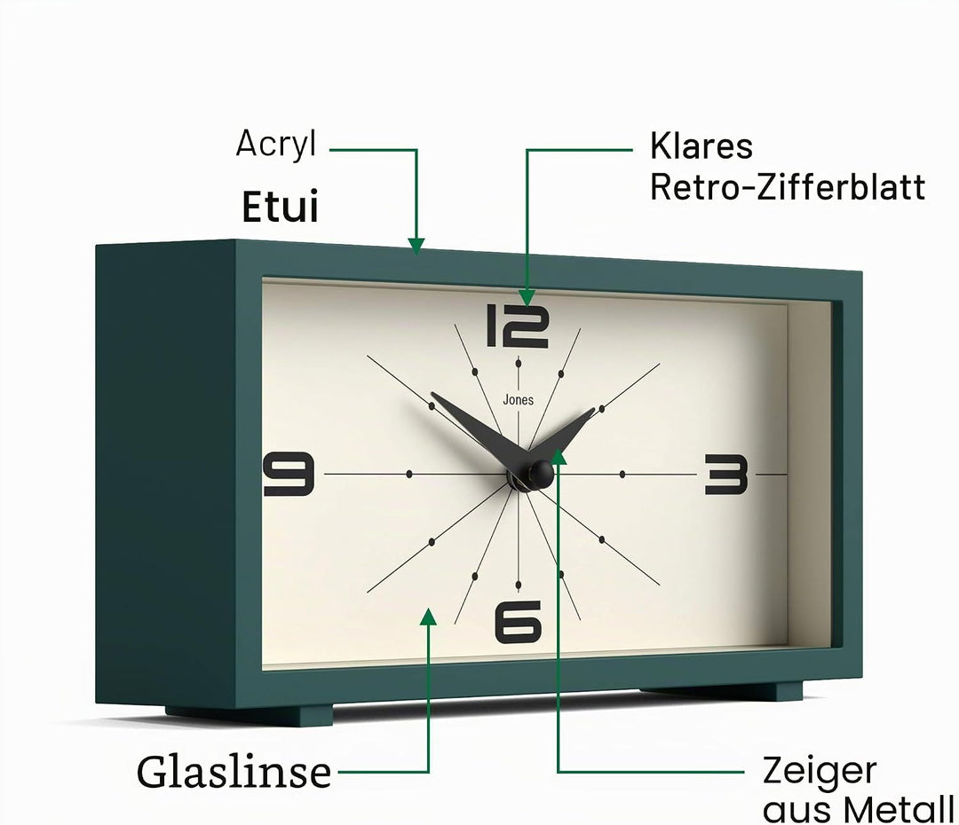 JONES CLOCKS® Schreibtischuhr 'Odeon' – modernes rechteckiges Design in Grün, stilvoller Retro-Look