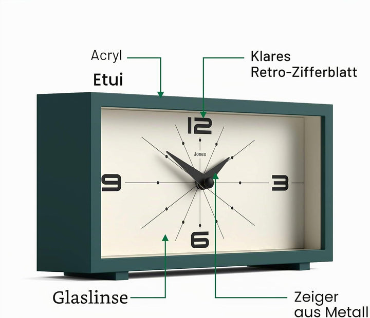 JONES CLOCKS® Schreibtischuhr 'Odeon' – modernes rechteckiges Design in Grün, stilvoller Retro-Look
