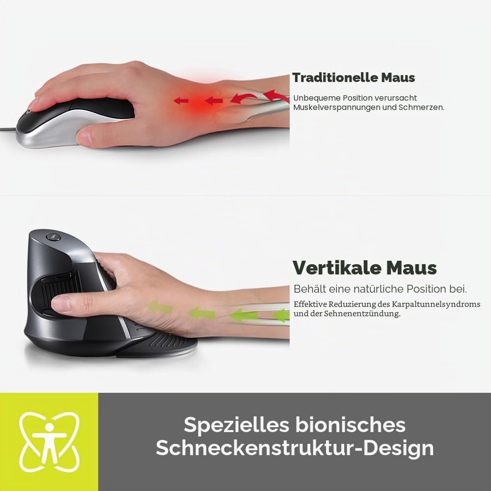 DELUX Ergonomische Maus Kabellos, Vertikale Maus für Karpaltunnel, Geräuschloser klick, 1600 DPI, 6