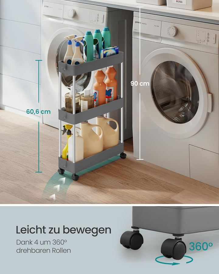 SONGMICS Rollwagen, Küchenwagen, Küchenregal, Nischenregal, mit 6 Haken, 360° drehbare Räder, Stahlg