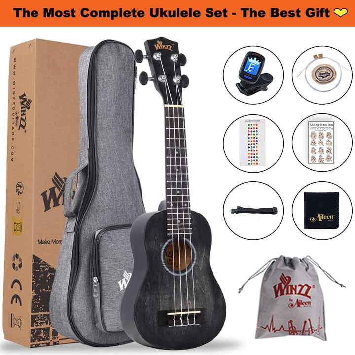 Winzz 21" Sopran Ukulele Anfänger Set Kinderm Erwachsene, Einzigartiges Farbdesign, mit Tasche, Stim