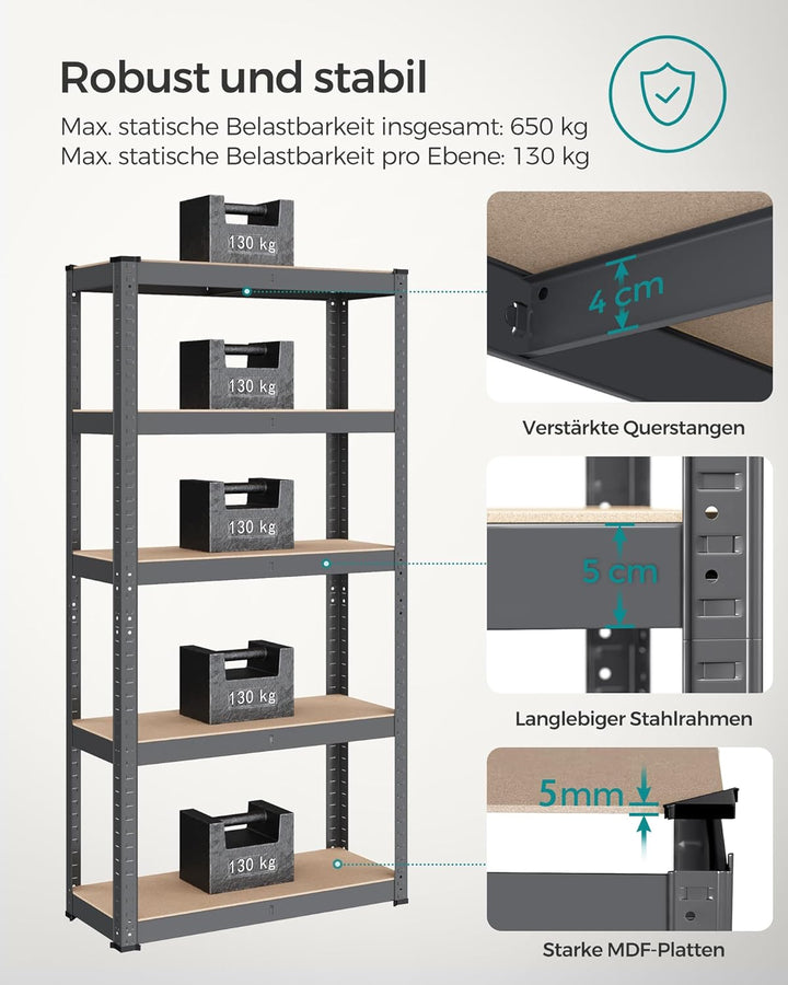 SONGMICS Schwerlastregal, Kellerregal, Lagerregal, 30 x 75 x 150 cm, Regal mit Stahlgestell, bis 650