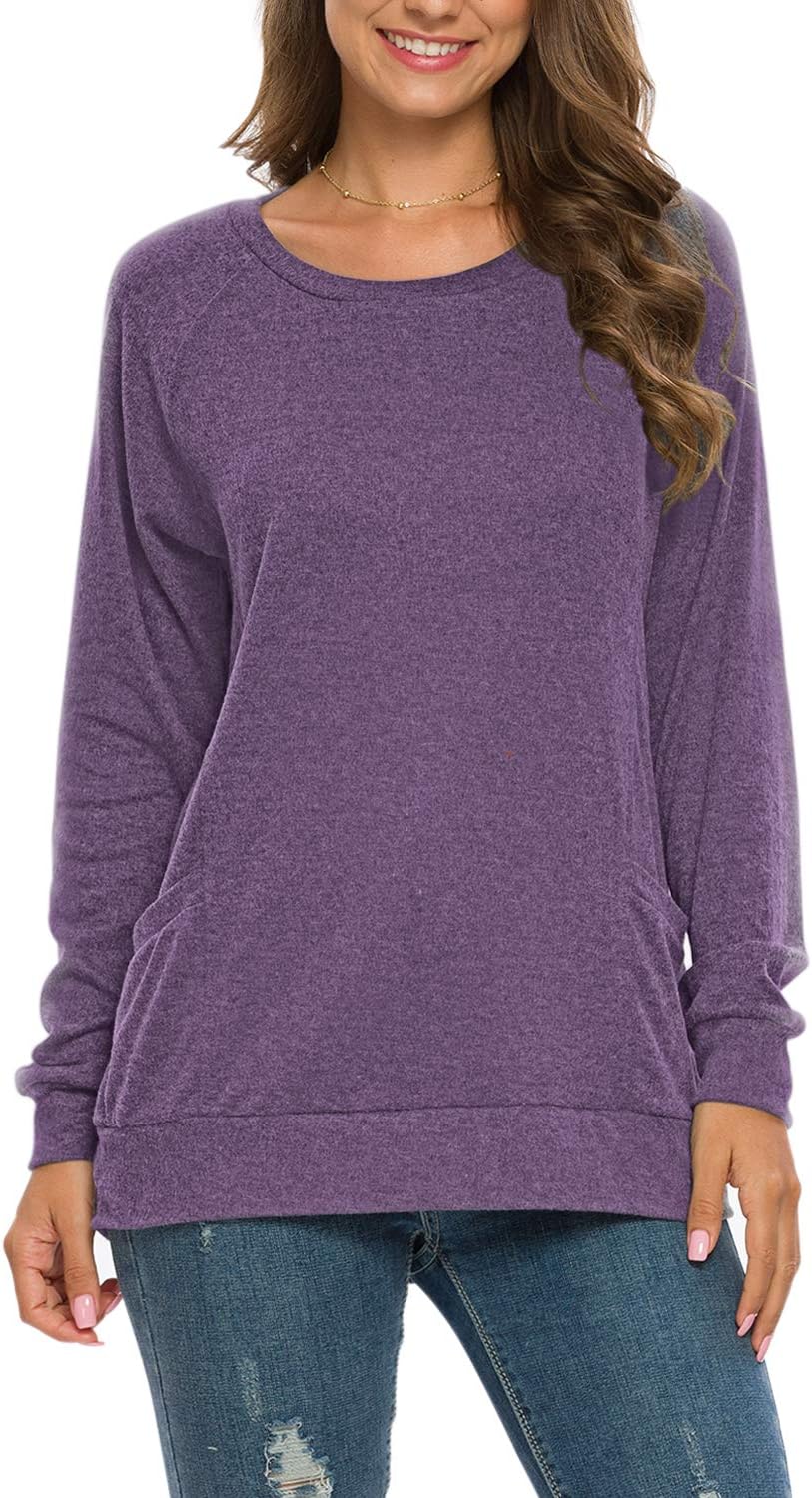 AUSELILY Damen Langarmshirts Rundhals T Shirts Blusen Tunika Sweatshirt Pullover Mit Taschen Lila S,