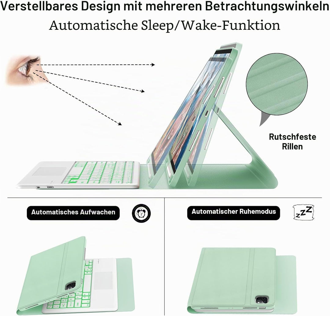 Hülle mit Tastatur für iPad Pro 12.9 (6/5/4/3 Gen), 7 Farben Beleuchtung, Multi Touch Trackpad, Deut