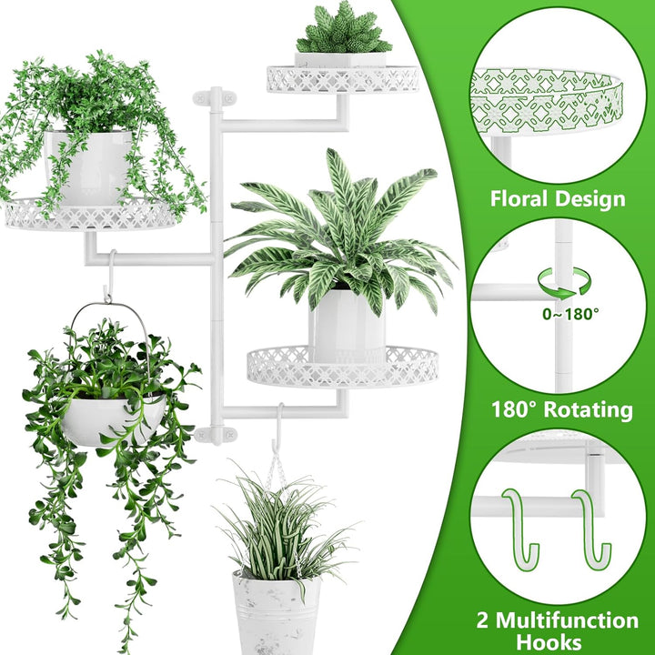 Ovicar Drehbare Fenster-Pflanzenregale – Innenwand-Pflanzenständer, 3-stöckig, Blumenmuster, Metall-