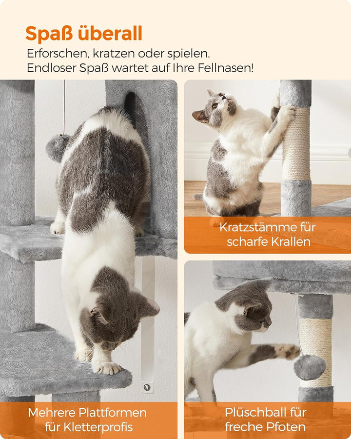 Feandrea Kratzbaum, 143 cm hoch, Katzenbaum, mehrstöckige Katzenhaus, mit 4 Kratzsäulen, 2 Plattform