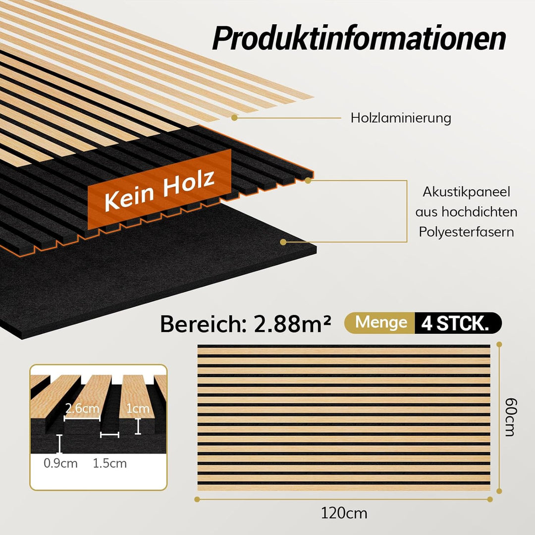 TONOR Holzfurnier Akustikpaneele selbstklebend,2,88m²-4 Stück 120x60x1,9cm 3D Wandpaneele Holzoptik,
