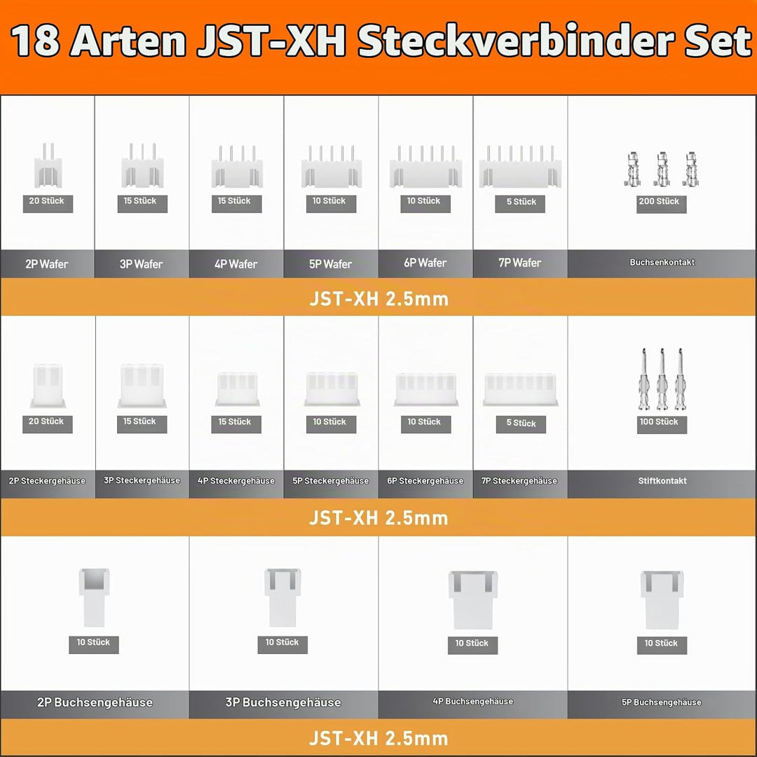 PEBA Crimpzange JST Stecker Set - 18 Arten 2,5 mm JST-XM Steckverbinder und Crimp Pins, 2/3/4/5/6/7