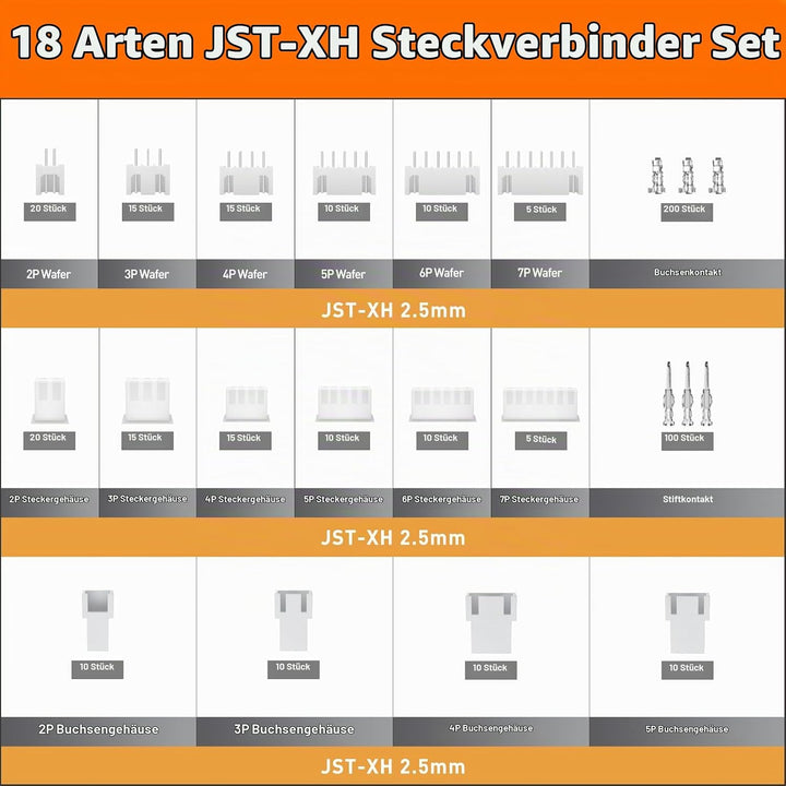 PEBA Crimpzange JST Stecker Set - 18 Arten 2,5 mm JST-XM Steckverbinder und Crimp Pins, 2/3/4/5/6/7