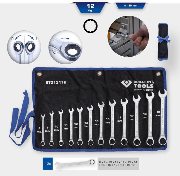 BRILLIANT TOOLS BT013112 Ratschenringschlüssel-Satz, 12-tlg, 8 - 19 mm [Powered by KS TOOLS] 8 - 19