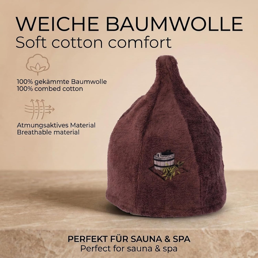 7 Farben Saunahut Damen und Herren 100% Baumwolle mit Stickerei, Wellness Mütze Premium Qualität Bra