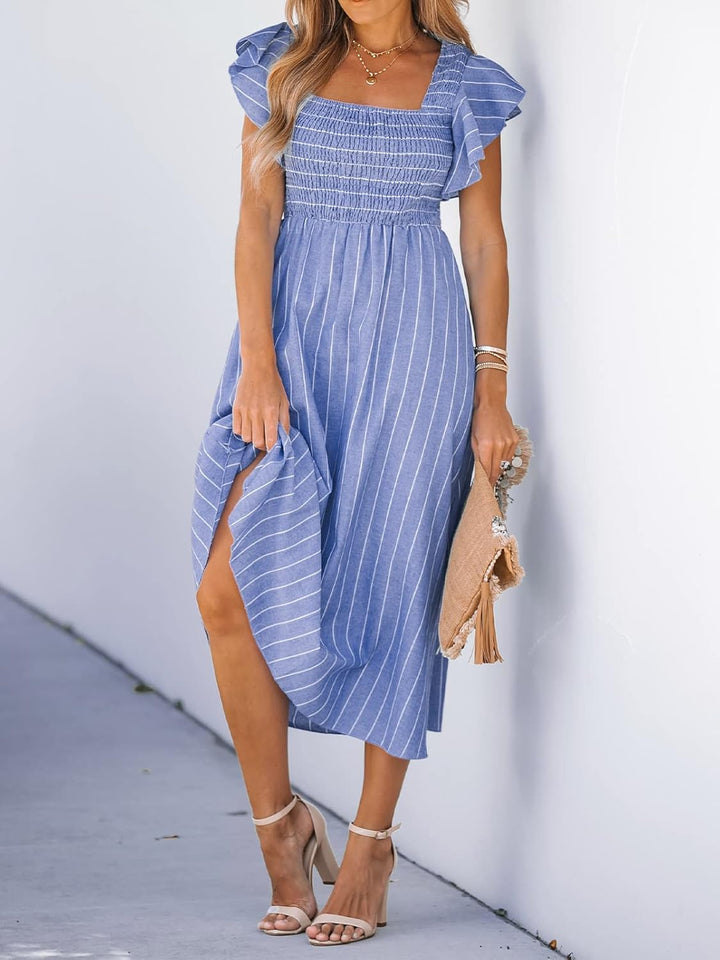 CUPSHE Damen Sommerkleid Quadratischer Ausschnitt Volantärmel Nadelstreifen A Linie Gesmoktes Maxikl