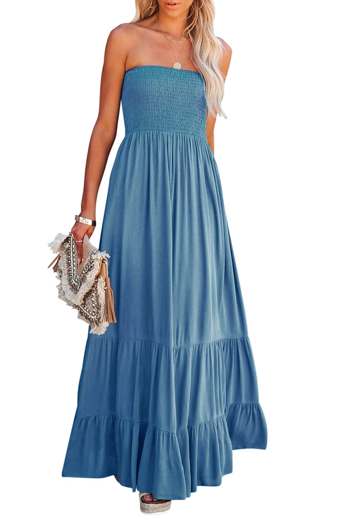 R.Vivimos Sommer Boho Trägerloses Bandeau Shirred Rüschen Tube A Linie Maxikleid L Blau#2, L Blau#2