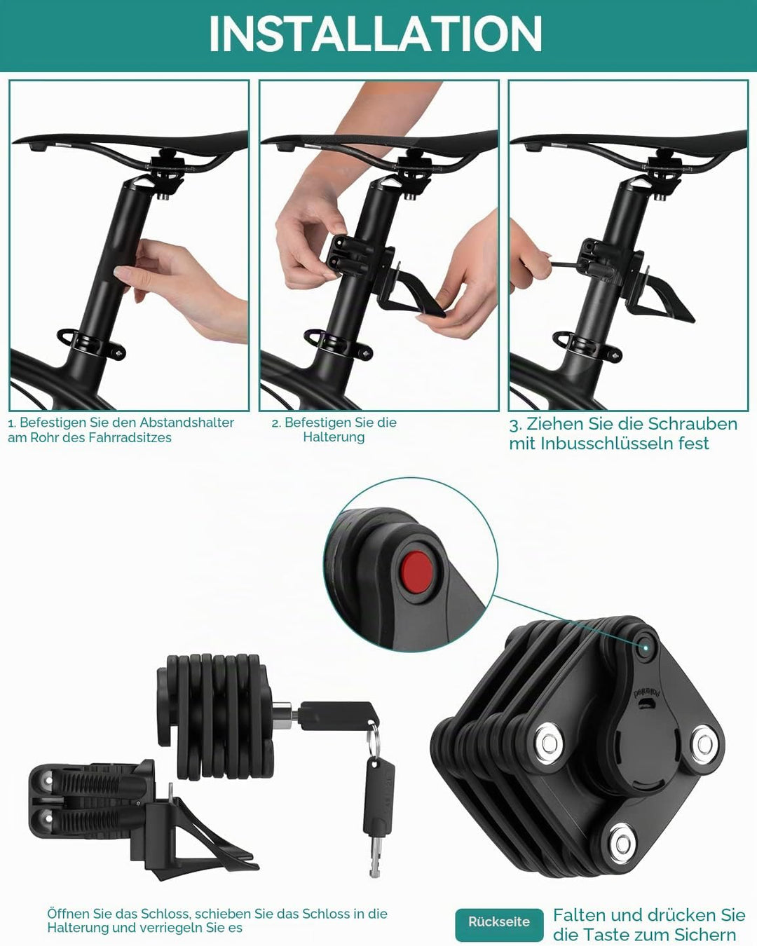 ROCKBROS Fahrradschloss mit Schlüssel 70cm mit Halterung Faltschloss Kettenschloss 519g aus Zinklegi