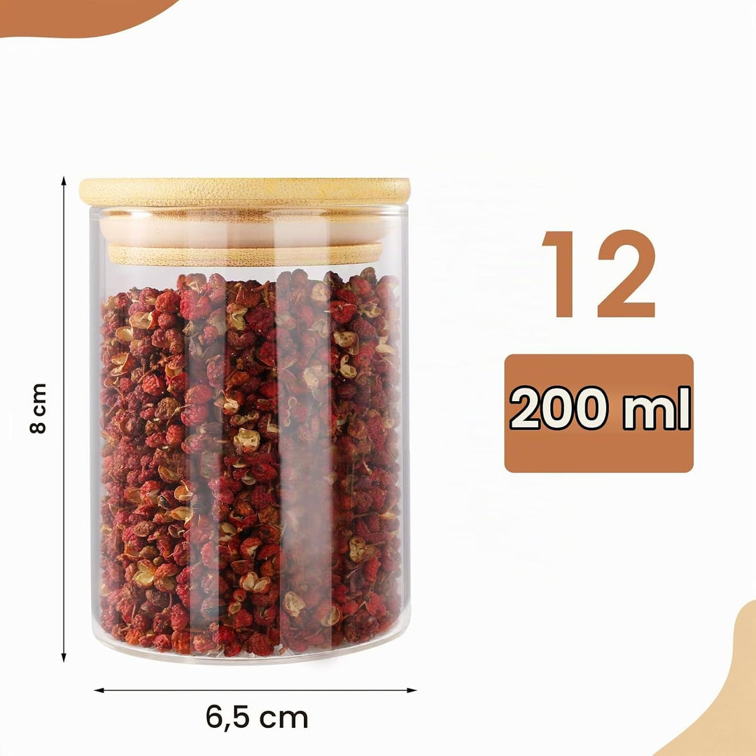 FoiiLiio 12 Stück Gewürzgläser Set mit Bambus Deckel, 200ml Gewürzdosen Set Glas, Gewürzbehälter Spi