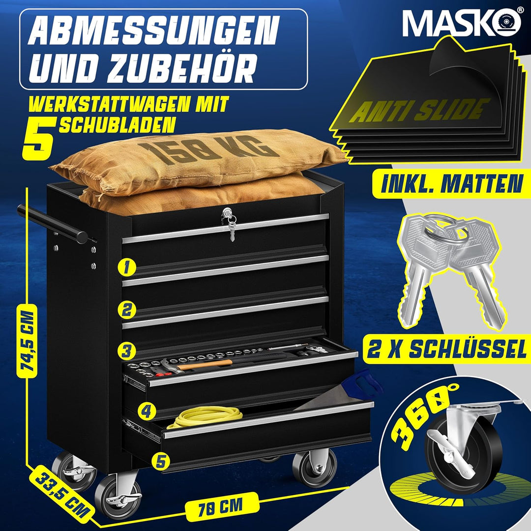 Masko® Werkstattwagen - 5 Schubladen, schwarz ✓ Abschliessbar ✓ Massives Metall | Mobiler Werkzeug-W