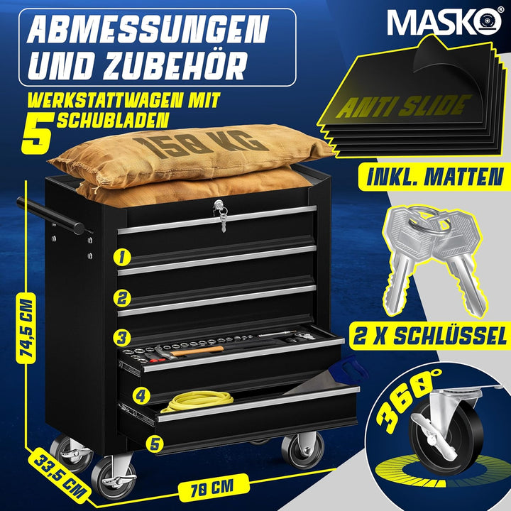Masko® Werkstattwagen - 5 Schubladen, schwarz ✓ Abschliessbar ✓ Massives Metall | Mobiler Werkzeug-W
