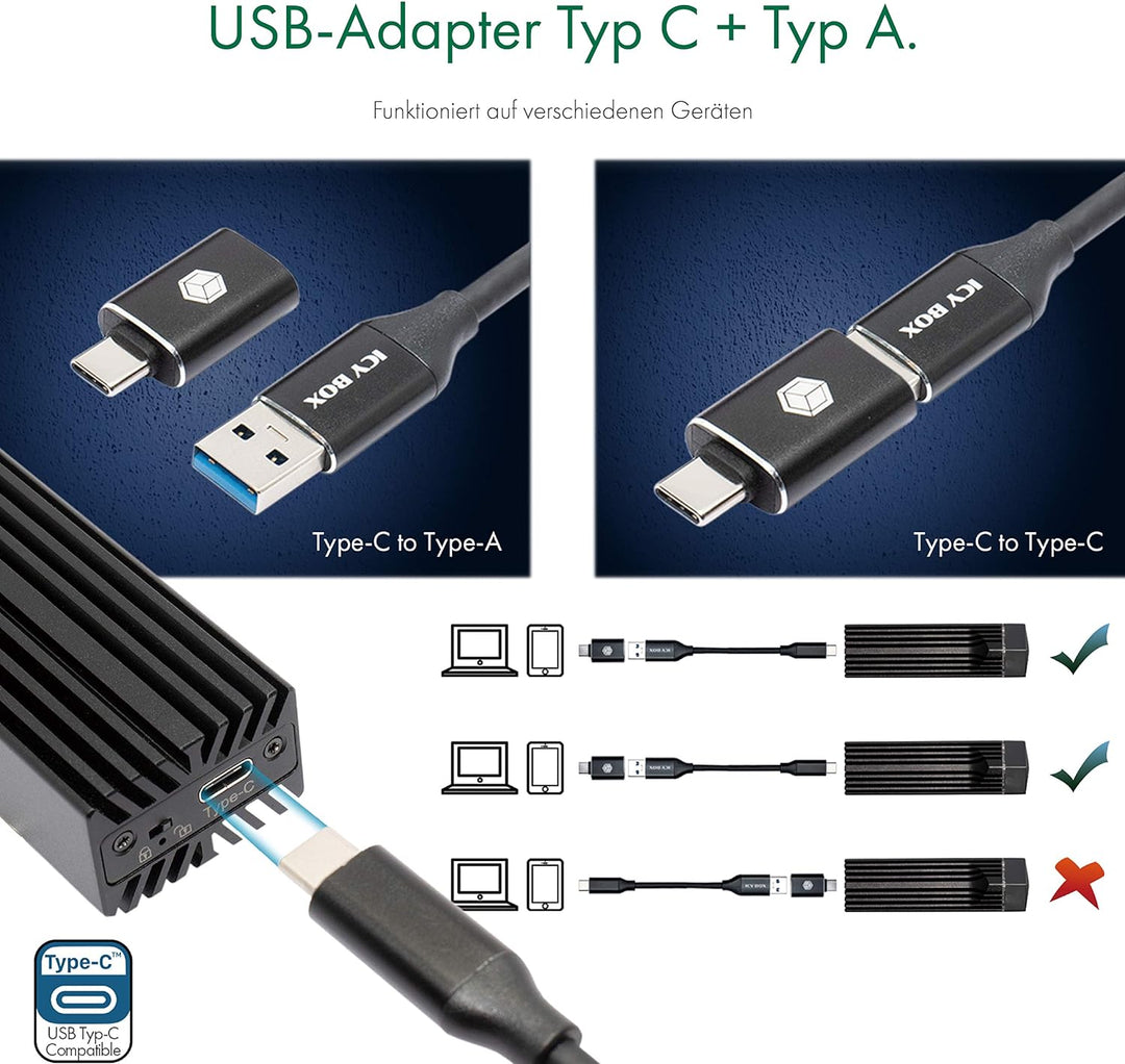 ICY Box M.2 NVMe Gehäuse mit Lüfter, RGB Beleuchtung, USB 3.1 Gen2 (10 Gbit/s), für M.2 SSD, Alumini