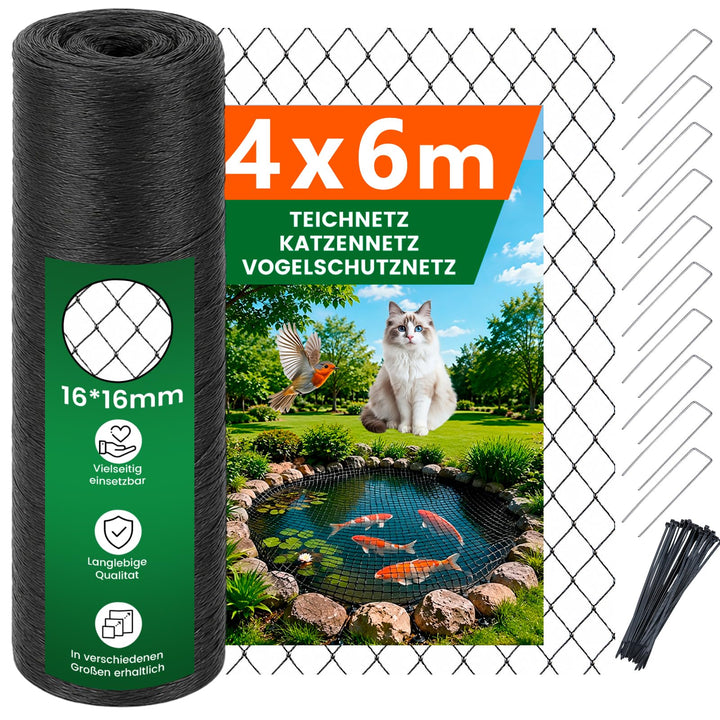 Teichnetz - 4x6m I Vogelschutznetz Katzennetz für Balkon, witterungs- &amp; UV-beständig I Teich Netz fe