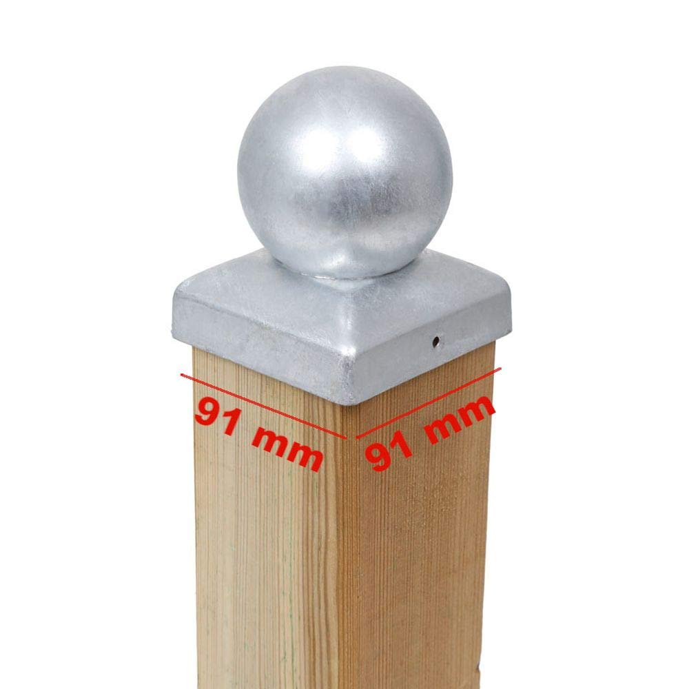 4 x Pfostenkappe 91x91 mm mit Kugel – Pfostenabdeckung aus Stahl feuerverzinkt für 90x90 mm Holzpfos