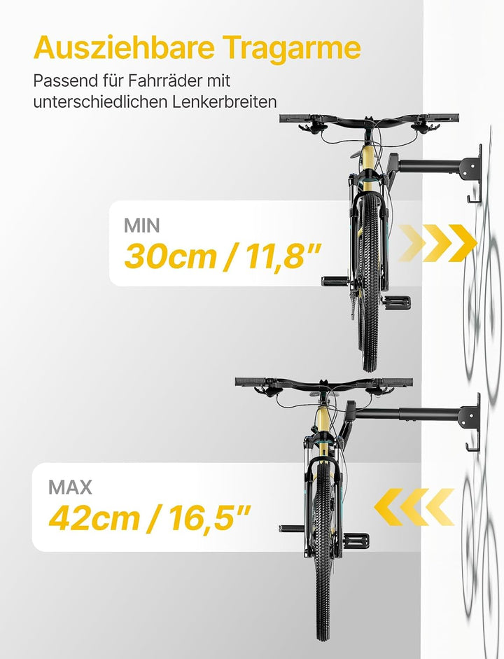 monTEK Fahrrad Wandhalterung, Winkel und Wandabstand einstellbar, Fahrradhalterung Wand Klappbar 30k
